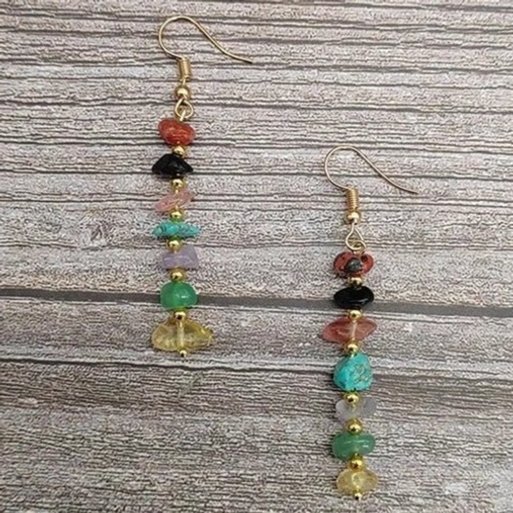 Natural Tone Chip Earrings Colorful Bohemian Dangle Drop Gold Tone Earrings‎